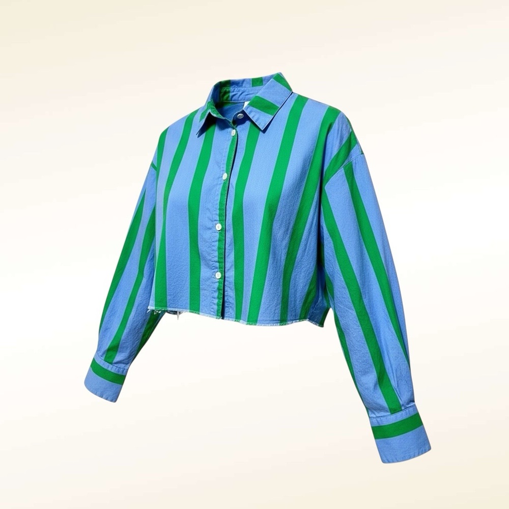 Nia Austin Cropped Button Up Shirt Size Small Striped Blue Green Raw Hem